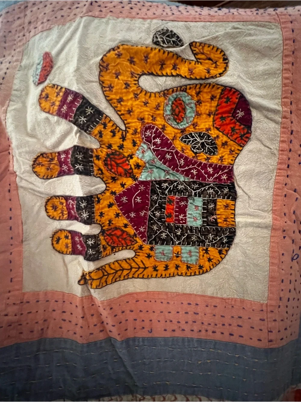 Handmade Multicolor Elephant Patchwork Quilt - Peach & Blue